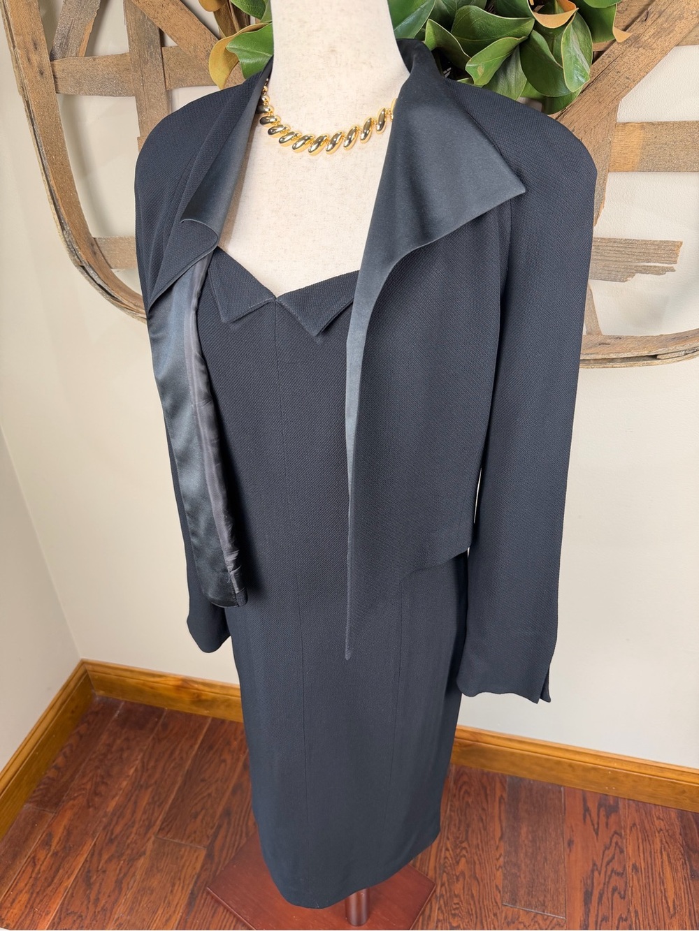 Vintage Christian Dior Black Textured Dress & Cropped Jacket Set Size 10